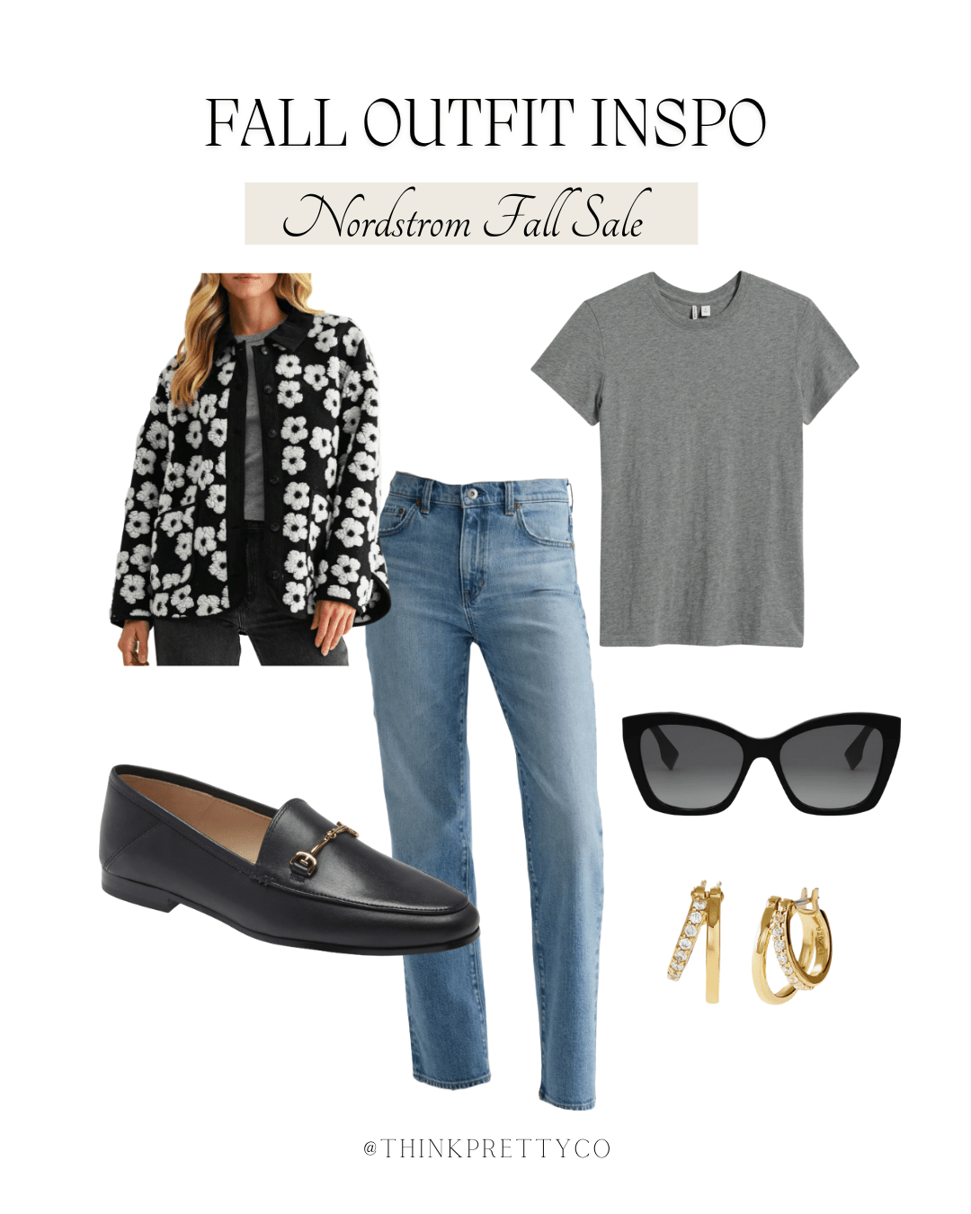 Flat lay collage showing a floral jacket, gray tee, jeans, black loafers, gold hoops, and sunglasses. A chic and timeless fall outfit inspo look from the Nordstrom Fall Sale, perfect for capsule wardrobe styling.