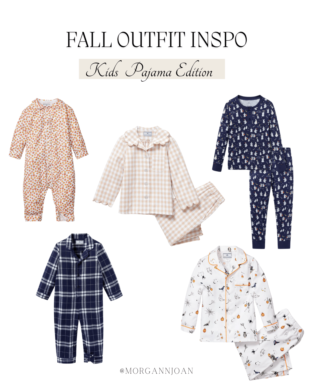 Flat lay collage featuring five Petite Plume kids pajama sets in fall prints — plaid, gingham, pumpkin, woodland, and Halloween-inspired. Perfect for cozy nights, pajama parties, and holiday photo outfits.