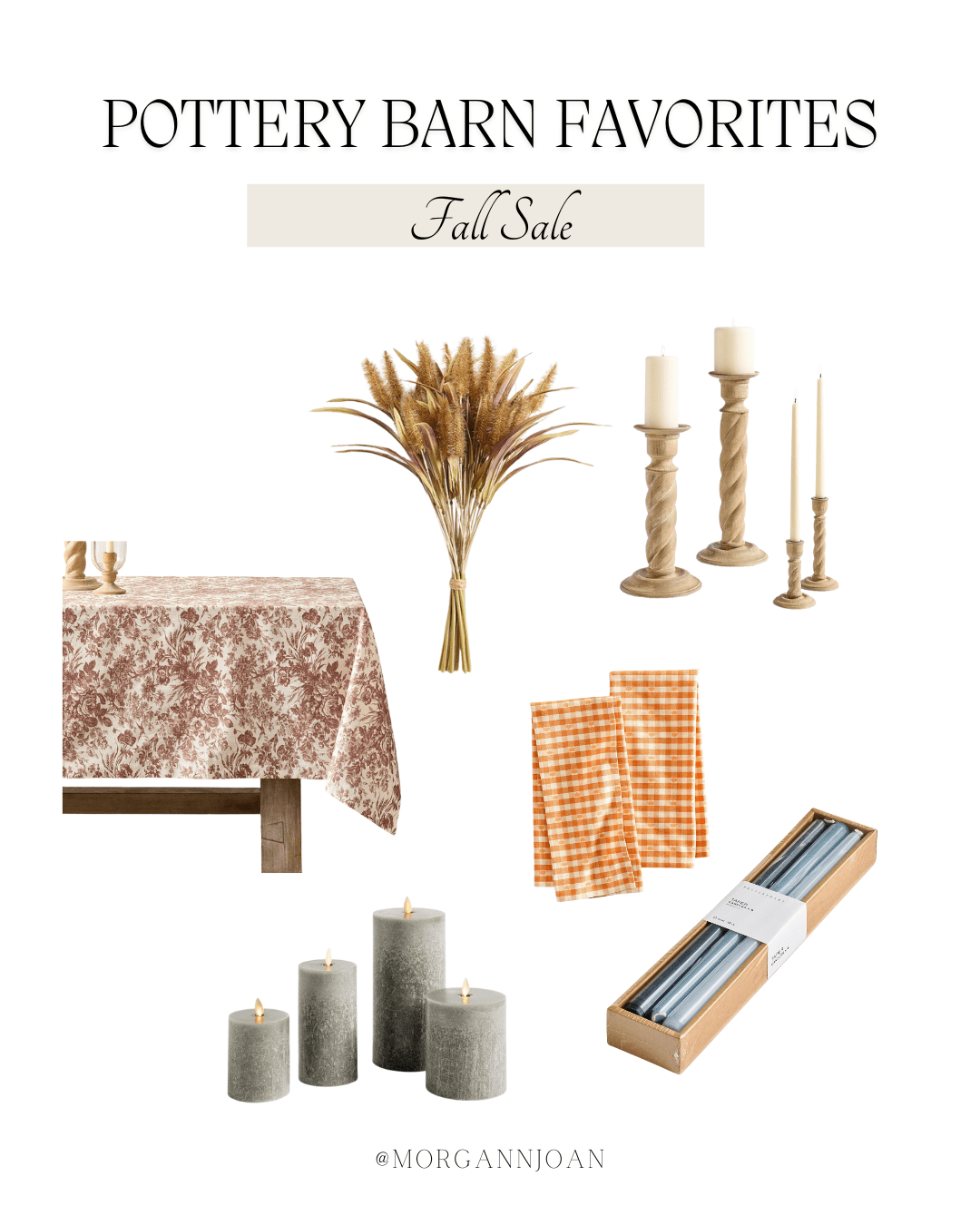 Flat lay featuring Pottery Barn fall sale favorites — gingham napkins, sherpa pumpkin pillow, LED candles, floral tablecloth, greenery, and ceramic bowls styled for a timeless, cozy home.