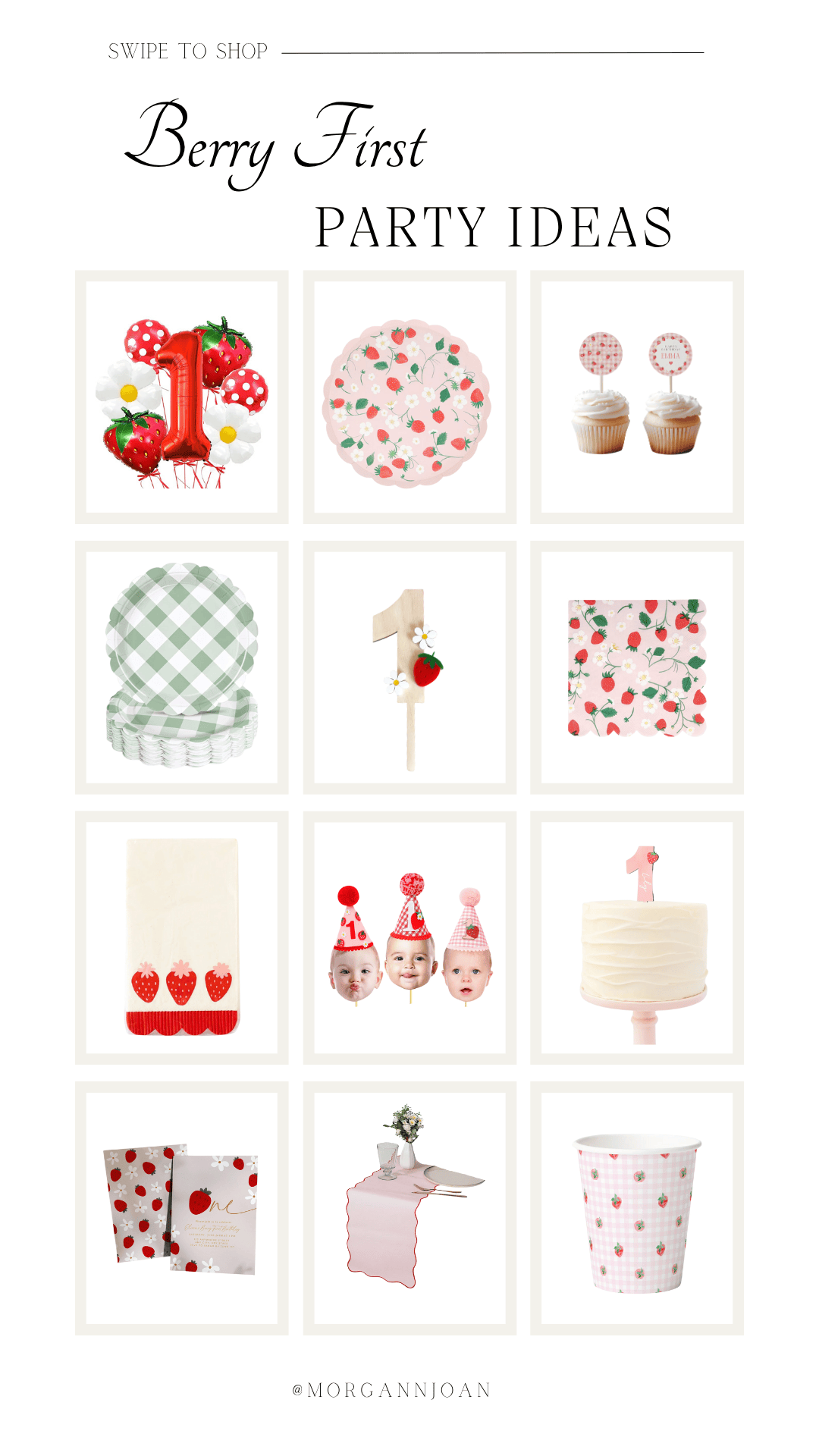 Strawberry birthday party setup with pink and red gingham, Meri Meri plates, cupcakes, and balloons — charming berry first birthday theme.