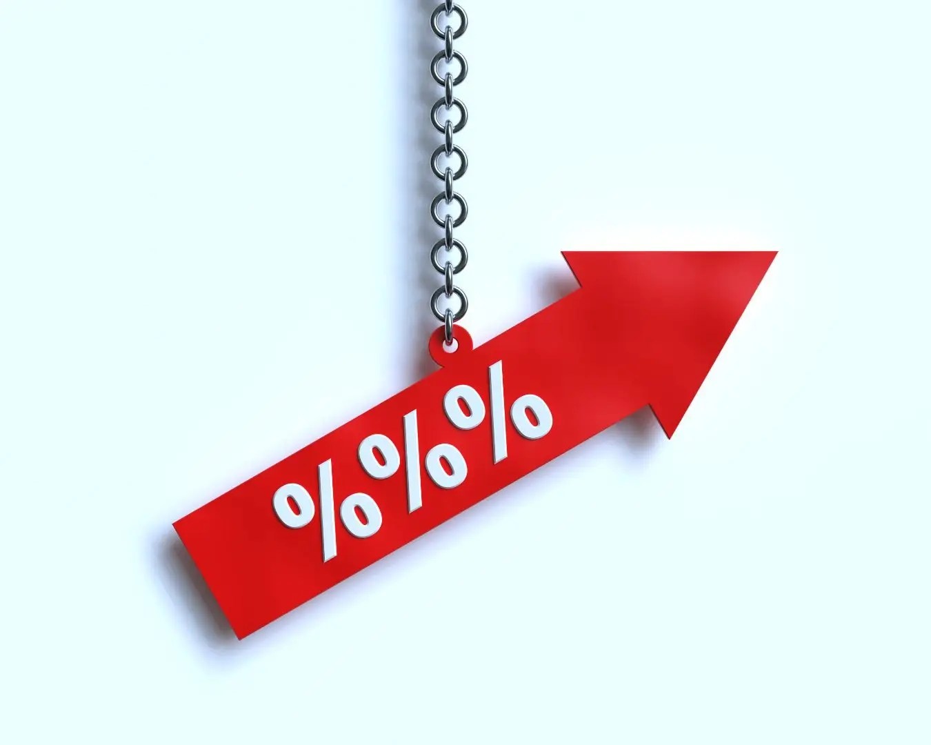 Red arrow sign handing from chain, pointing up, with percentage signs on it.