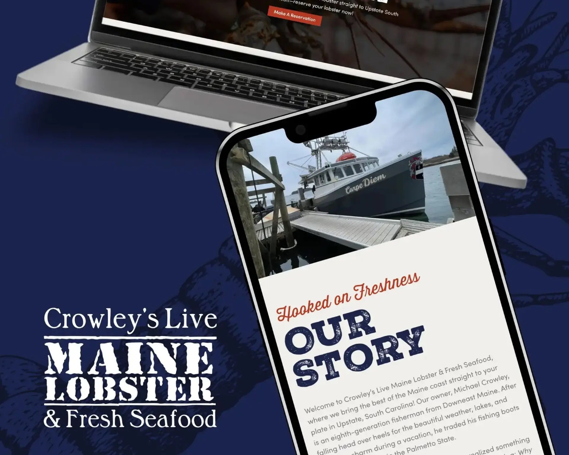 Crawley's Live in Maine's wesbite on phone and computer with navy blue background