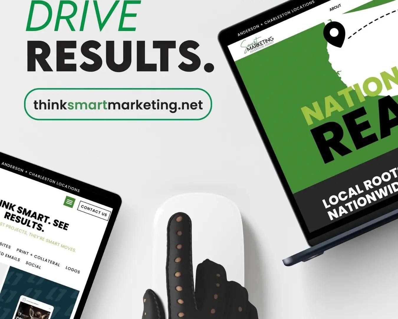 Smart marketing website with a hand on a mouse with a computer and the ipad with the word "Drive Results"