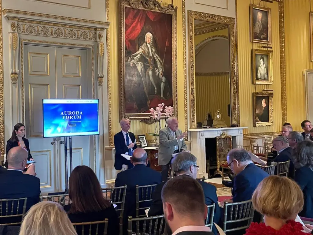Nik Gowing moderating a the Aurora Forum 2021