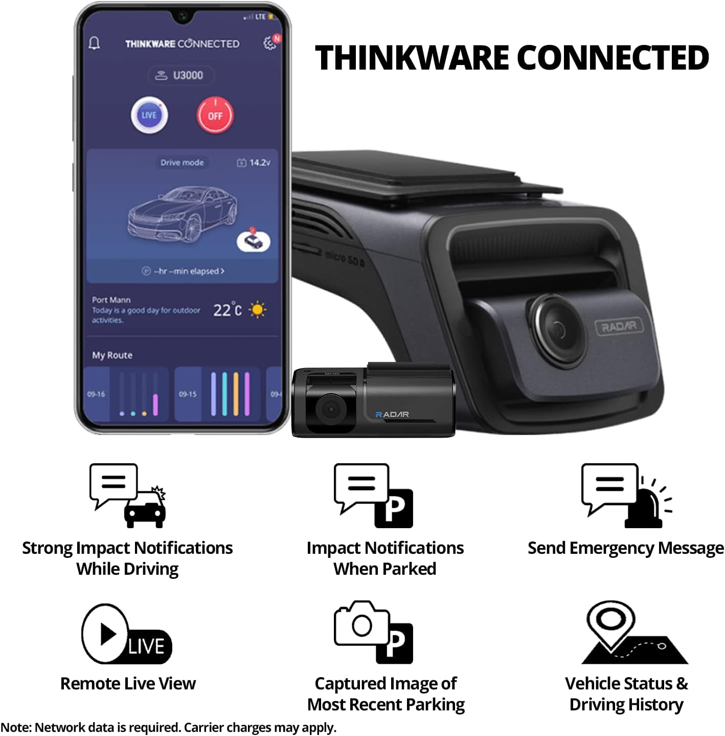 U3000 Front & Rear – 4K Dash Cam, Radar Parking | Thinkware