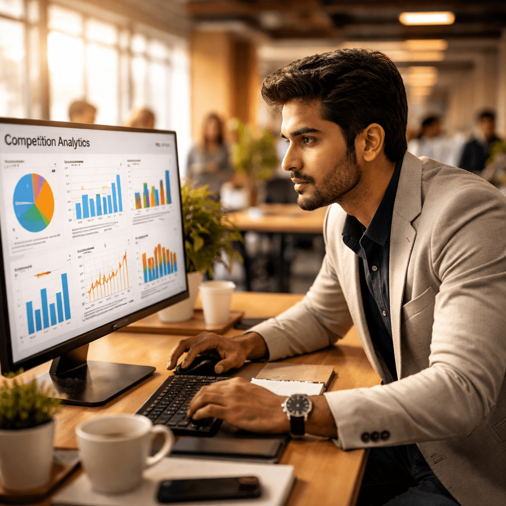 Digital marketer using competitor analysis techniques on a multi-screen dashboard