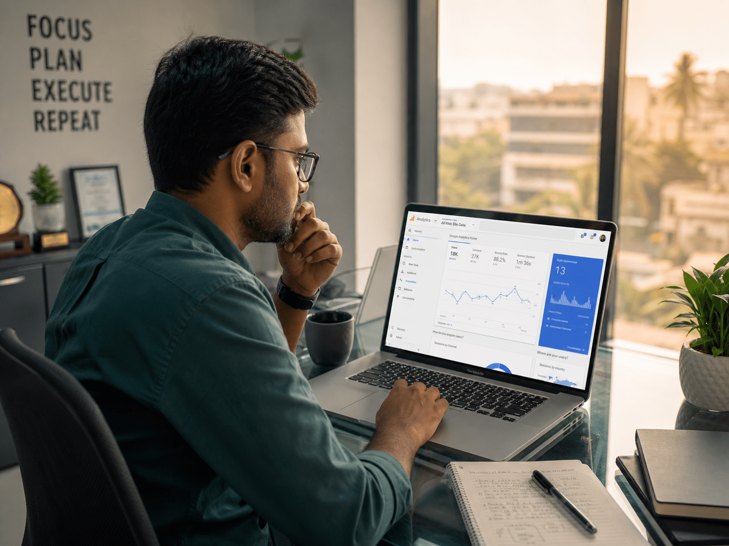 Marketer using Google Analytics dashboard to analyse website audience data