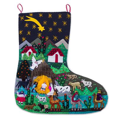 Handcrafted Andean Applique Christmas Stocking, 'Village Nativity'