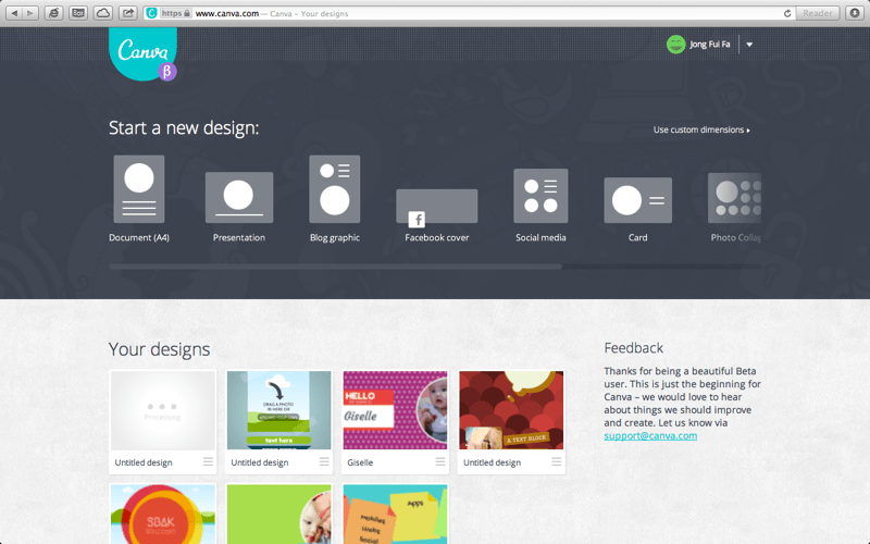 Canva Design -- select your design; Facebook banner, business card and etc.