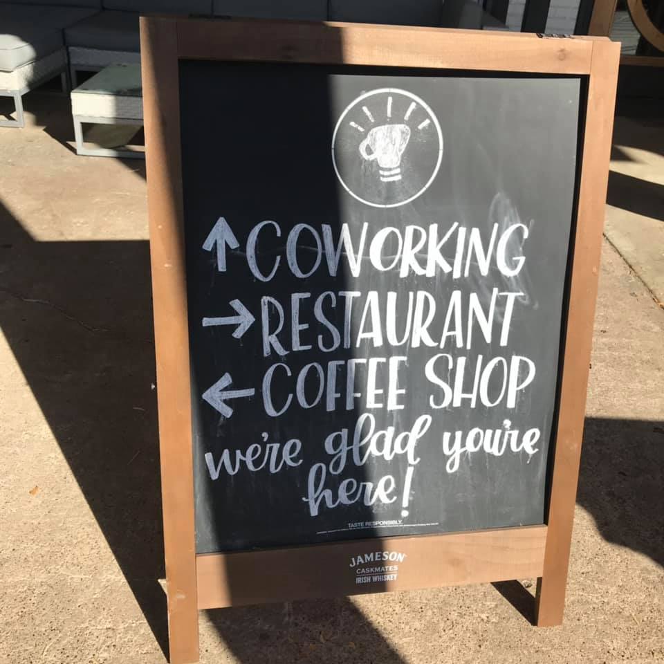 Communion Neighborhood Cooperative chalkboard: coworking, restaurant, and coffee shop. We're glad you're here! This is Richardson.