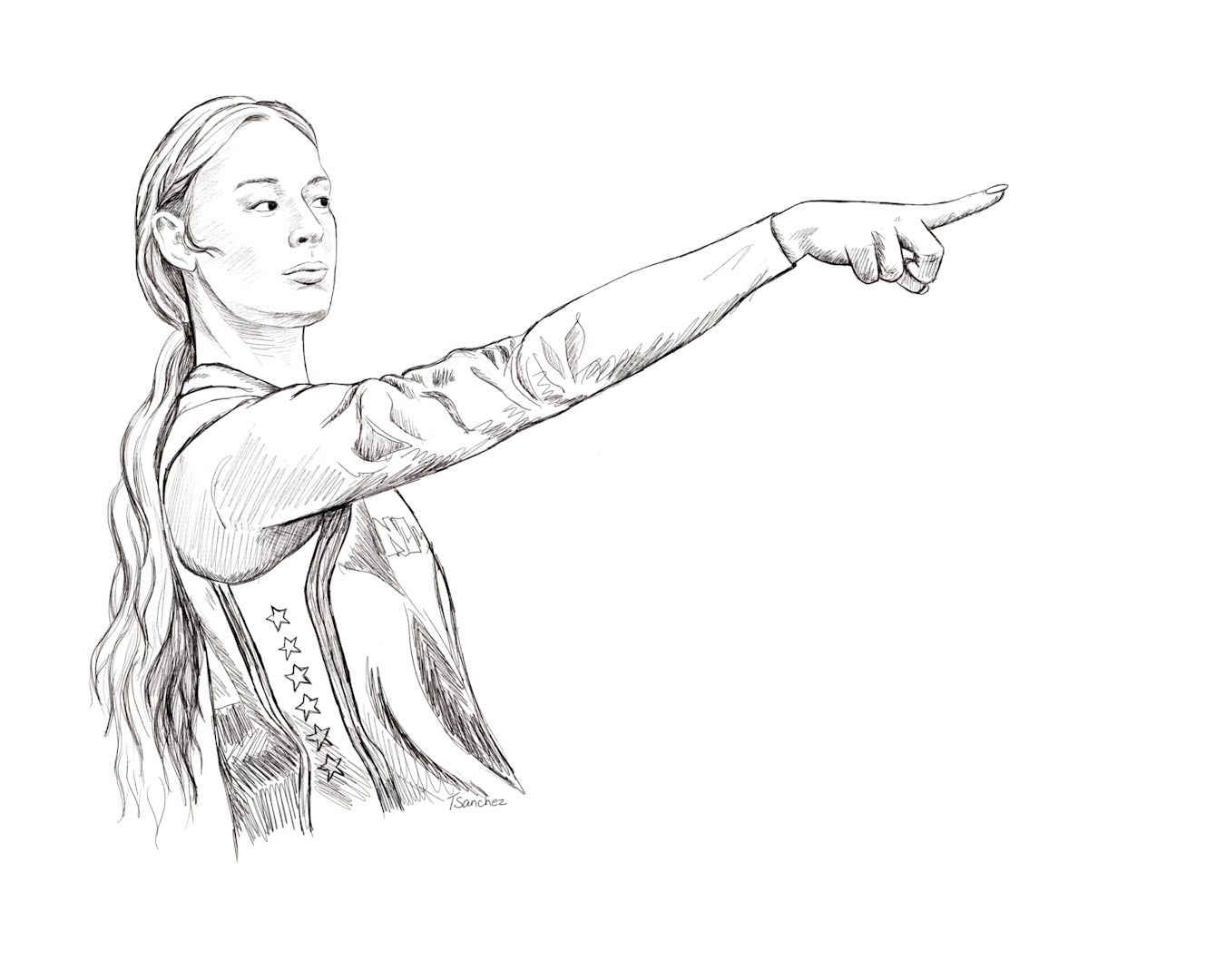 Original pen and ink sports illustration of Sophie Cunningham of the Indiana Fever, featuring a confident pose and expressive linework. Women’s basketball artwork celebrating strength, attitude, and competitive spirit.