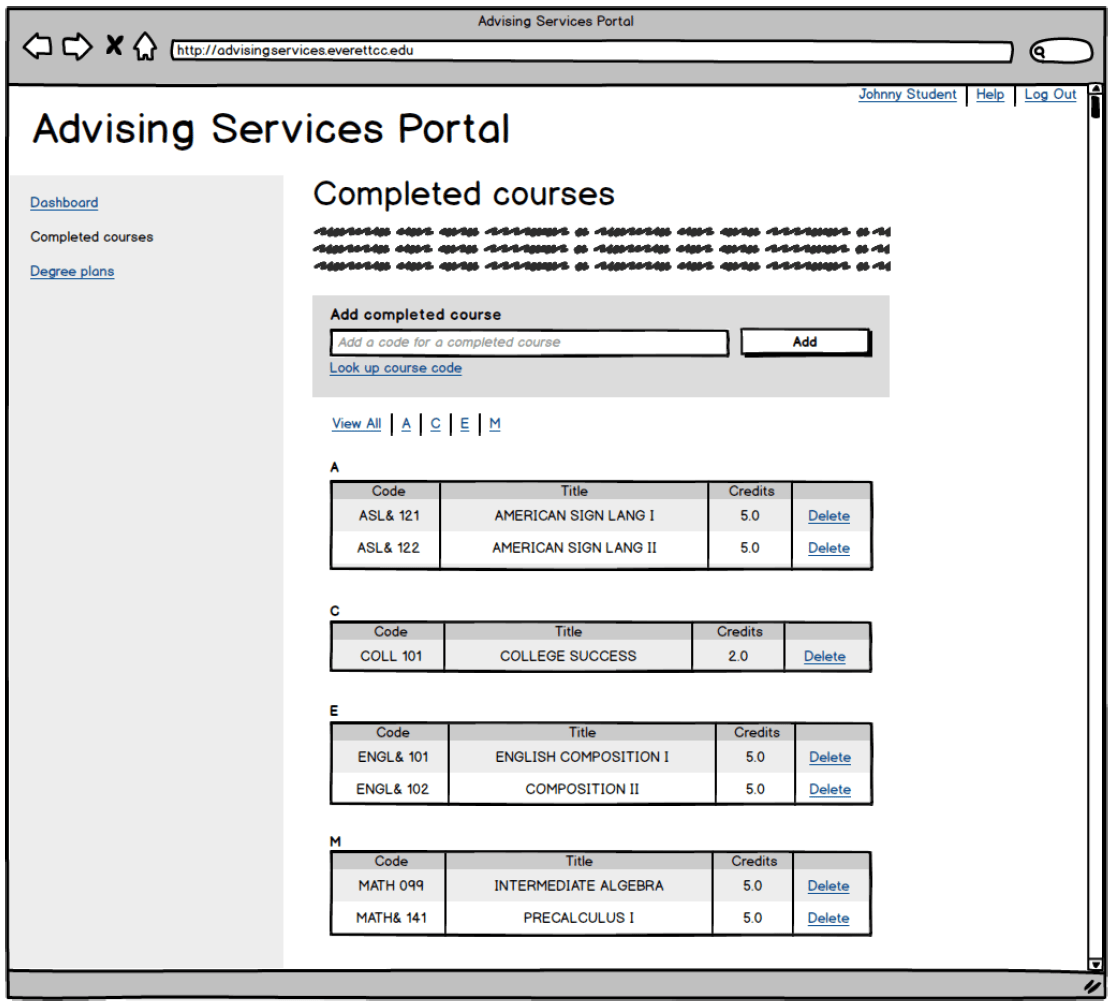 Everett Community College advisor portal Balsamiq wireframe