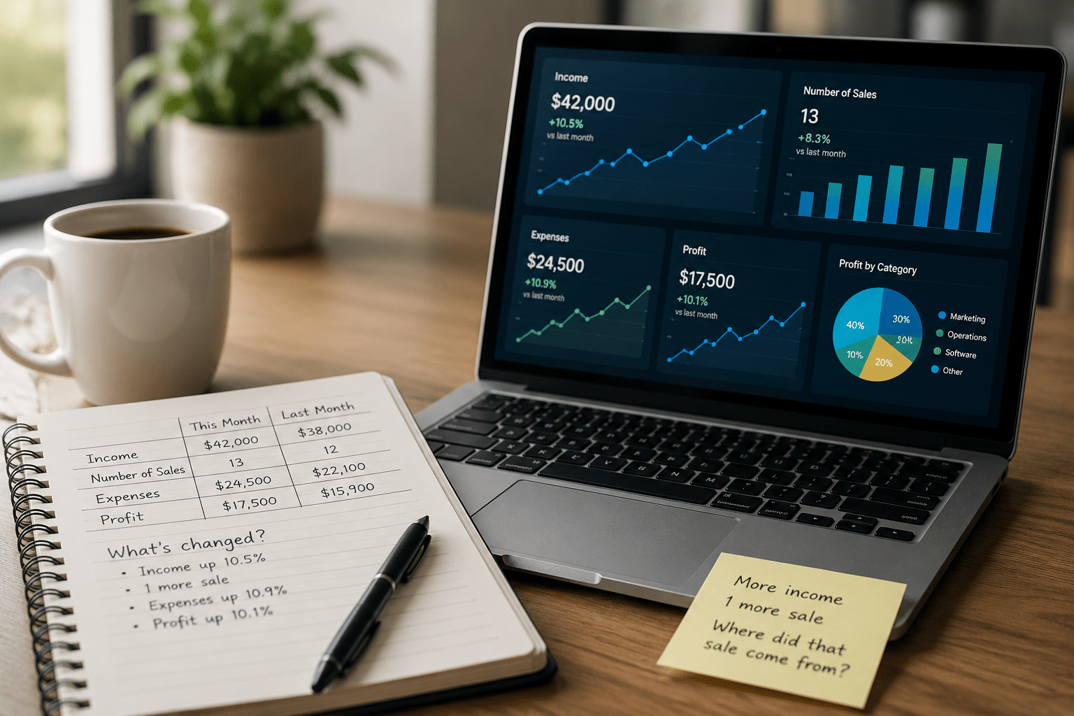 Business owner comparing income and sales metrics in a notebook and on a laptop dashboard to understand how analytics reveals relationships between business metrics.