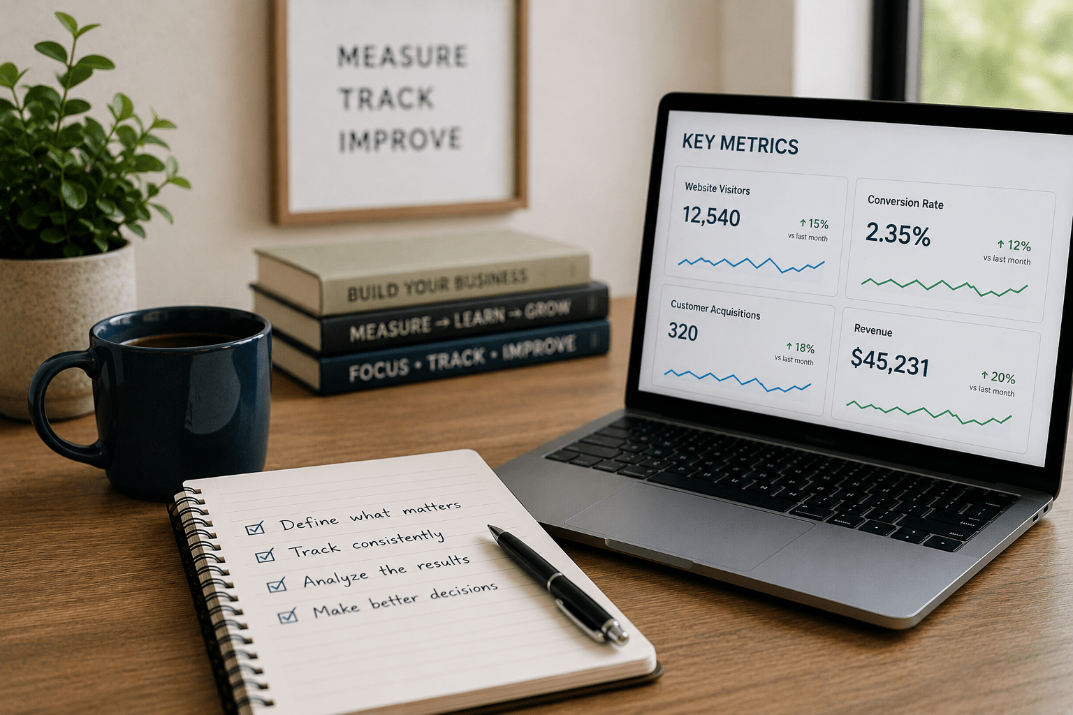 Business owner reviewing key business metrics to measure performance, track progress, and make better business decisions.