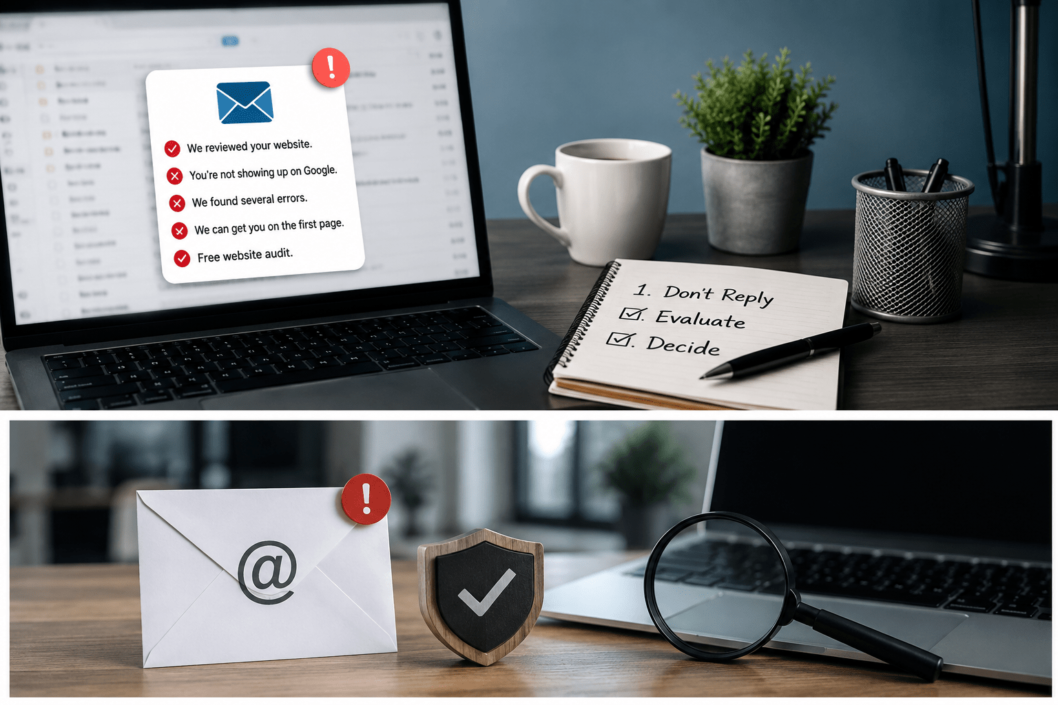 Business owner reviewing an unsolicited website audit email before deciding whether to respond