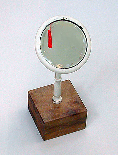 Shaving mirror mounted in wood box, with red paint. 12" high