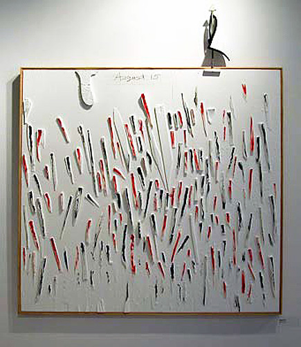 Wood with painted chips and cloth flag. 48"x48"x3"