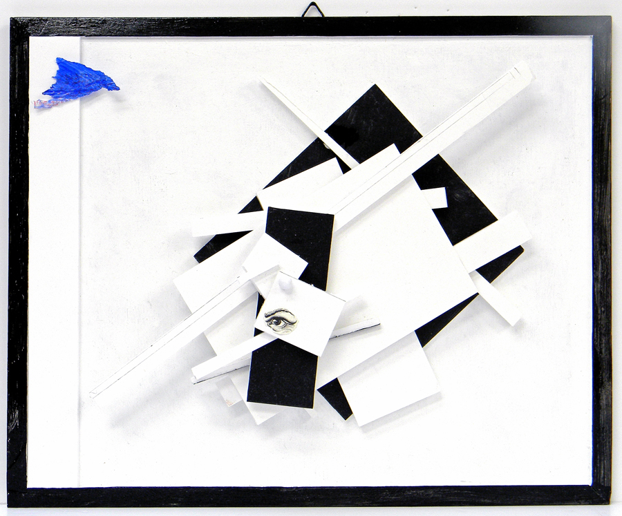 Foam Board ( a few pieces painted ), an engraving of an eye and a scrap of blue tissue paper in a black frame 14 inches x 17 inches