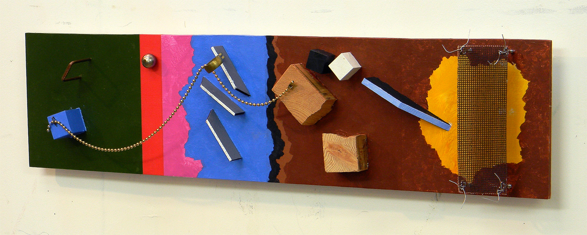 Wood panel. 6"x24"x2". Various objects.
