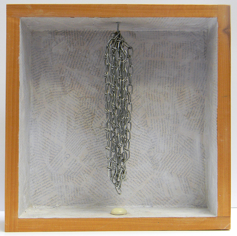 Wooden Box with Collage, Chain and Button. 12.75 Inches x12.75 inches x 3.5 inches. This construction is a new version of a previously shown construction.