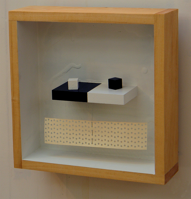 Wood box. 12"x12"x4". Wood shelf with blocks & tape on a wire.
