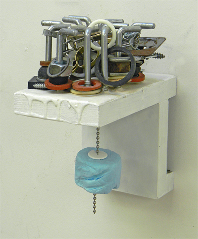 Painted wood with stuff on steel bars with a float on a chain. 4"x3.5'x6"