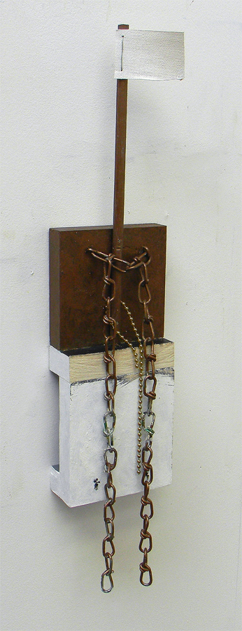 Painted wood with cloth flag on wood dowel, two chains. 1.5"x3.5"x16"