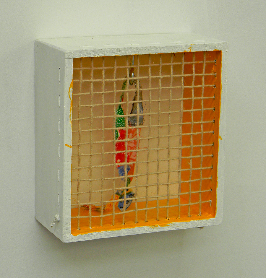 "May First" Painted wood, twine and fabric. 6" x 5.75" x 2.5"