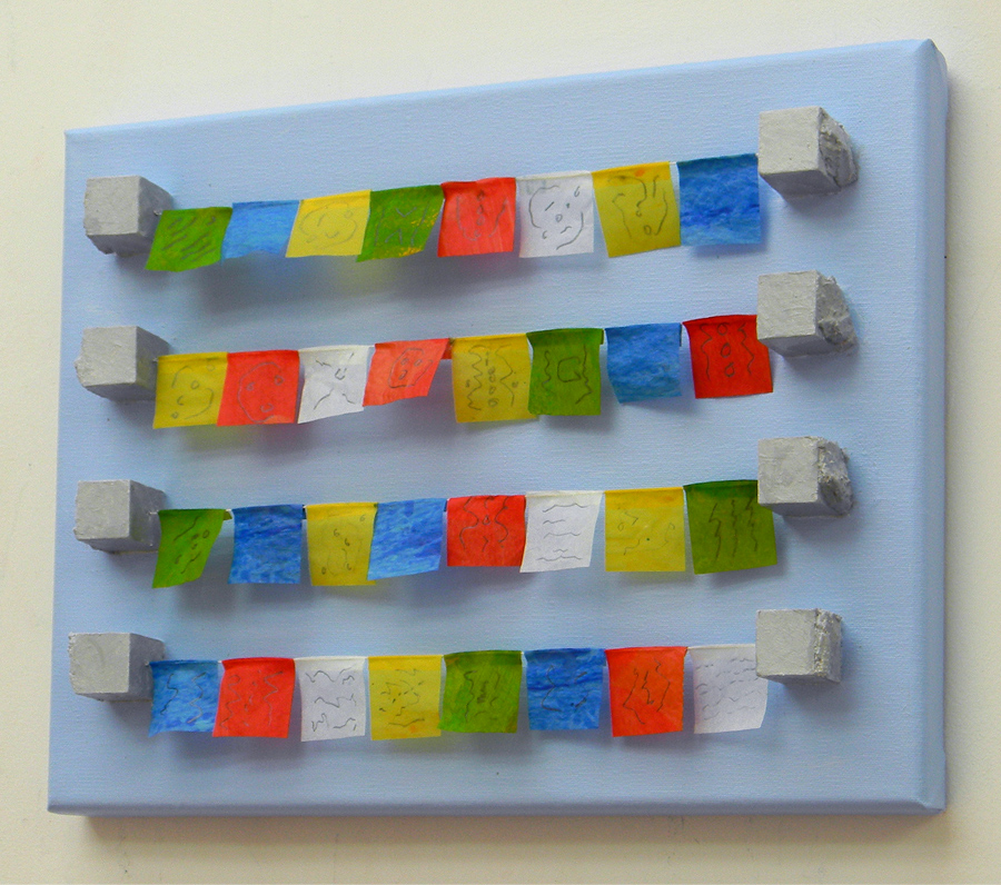 9'x12' Linen canvas with wood blocks, string strung and painted paper pieces glued to string.