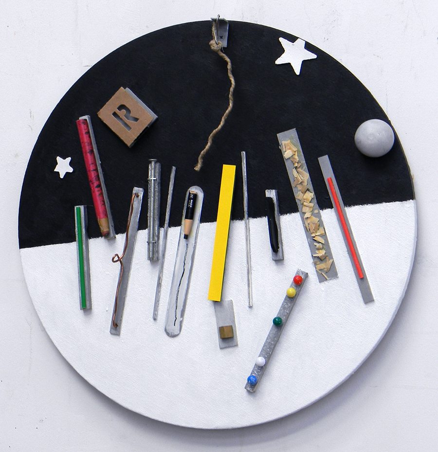 Various objects attached or glued to painted canvas. 16 inches in diameter.