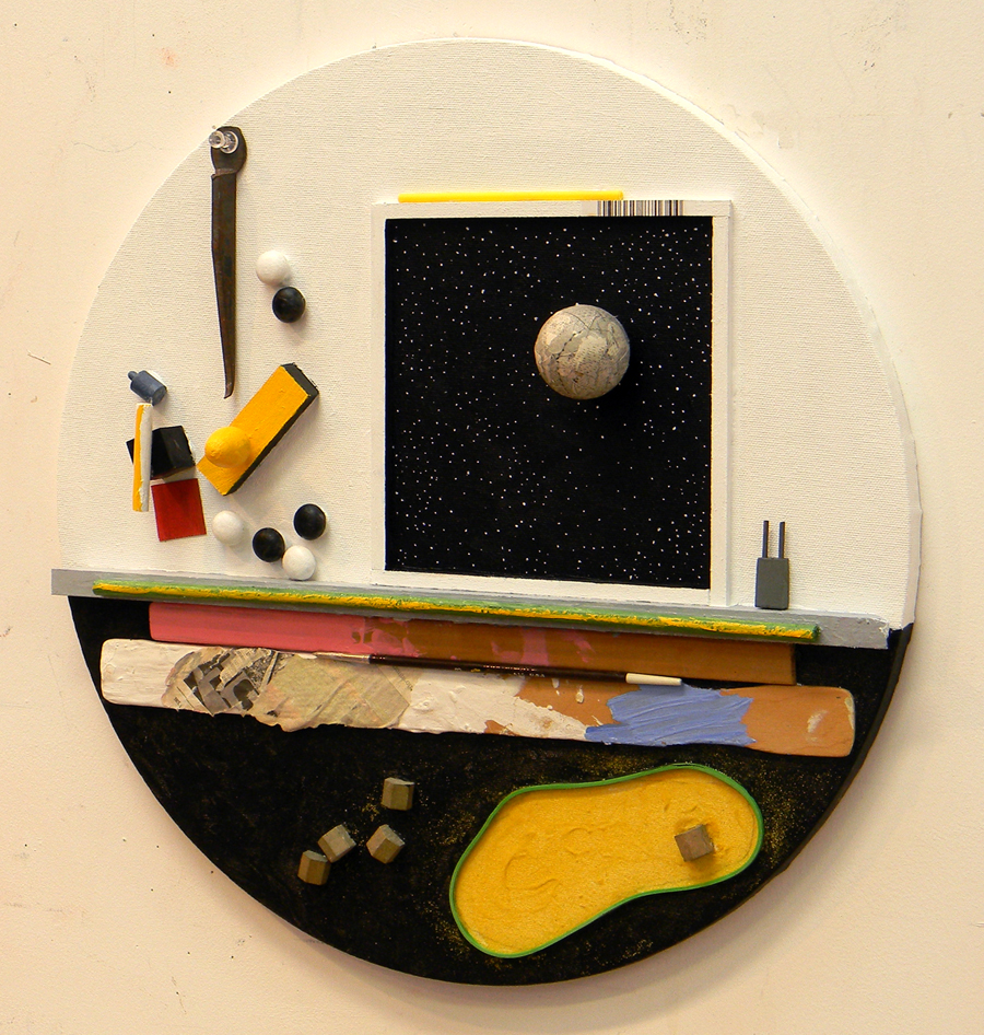 Construction. Objects (including sand) glued or applied to canvas 16 inches in diameter and painted.