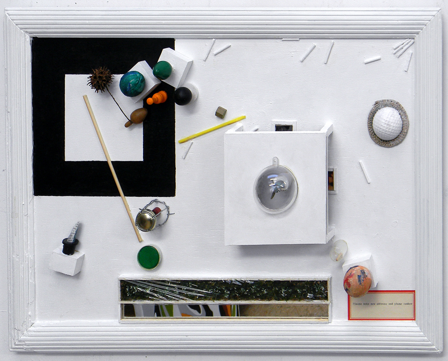 New Construction. This photo was taken at an angle and distorted back for better viewing of objects on wooden board in a frame 17.5 inches x 24.5 inches.