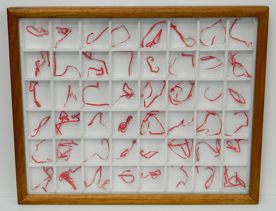 New Construction. Strips of red paper in grid of form core. Frame is 17 inches x 20.75 inches x 1.75 inches.