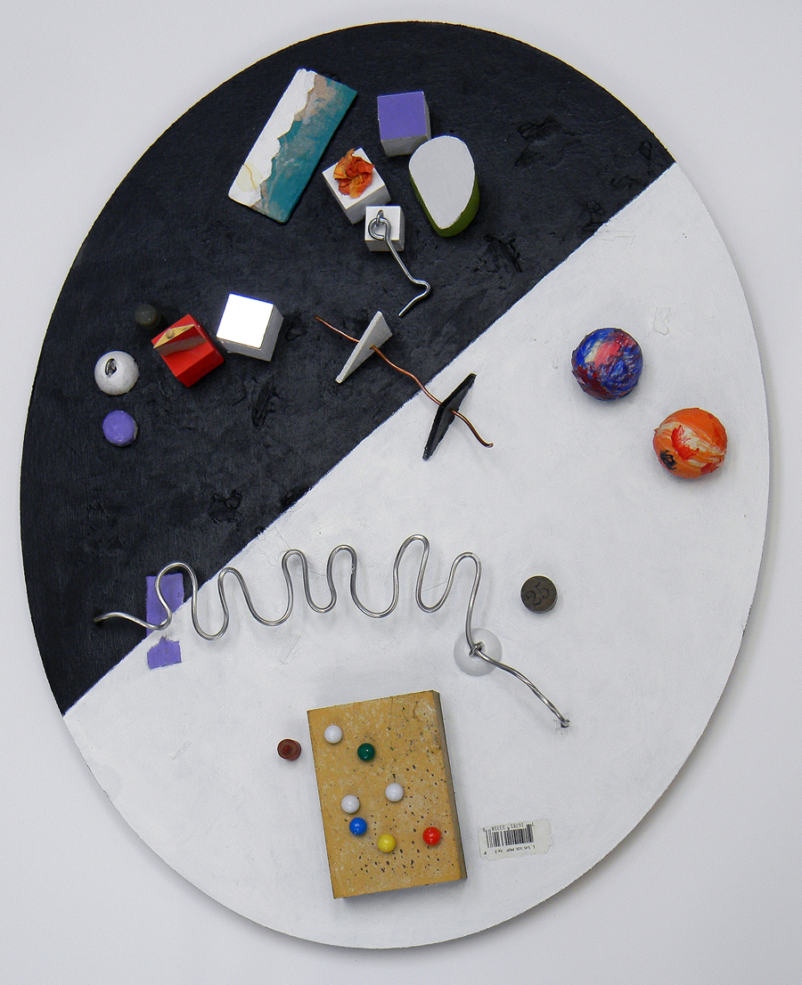 Various things attached to a painted oval canvas 20 inches x 16 inches.
