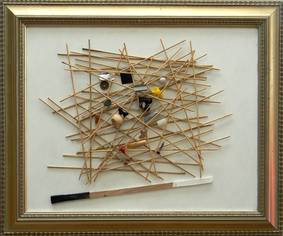 Construction is a bunch of wooden sticks and other things glued to a board inside a frame that is 20 inches x 24 inches.
