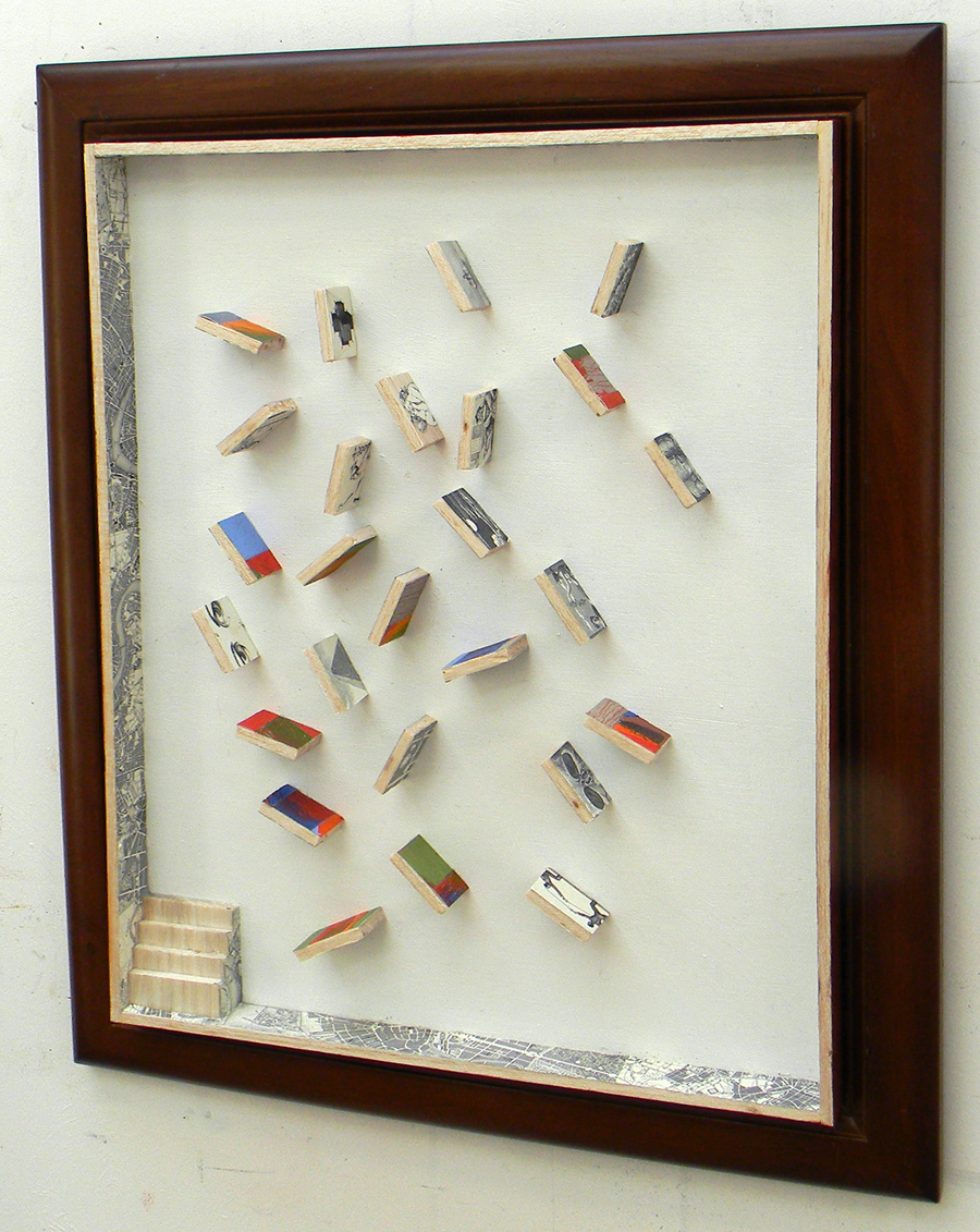 Construction is made with balsa wood blocks I have covered with chips of painted canvas on one side and on the other side details of steel engravings ( copyright free ) from a book titled "The Complete Encyclopedia of Illustration." 11,725 illustrations first published in 1851 !