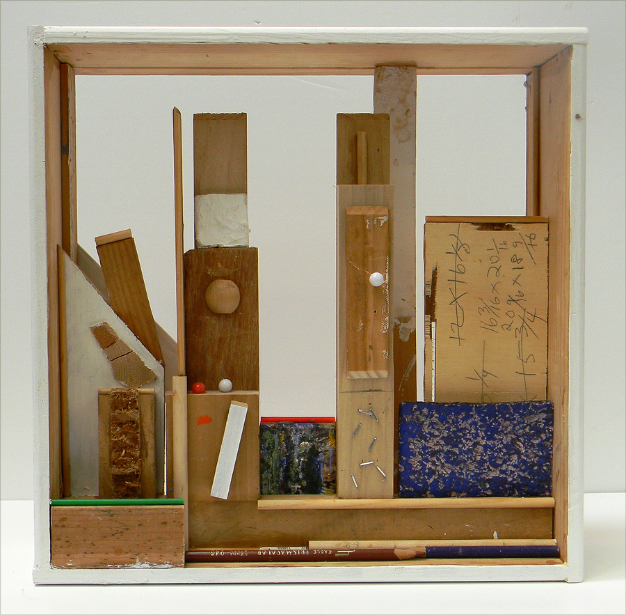 Construction. 14.5 inches x14.5 inches x 4.5 inches. Wood, paint, wood dowels, pencils, sponge, glass balls and more.