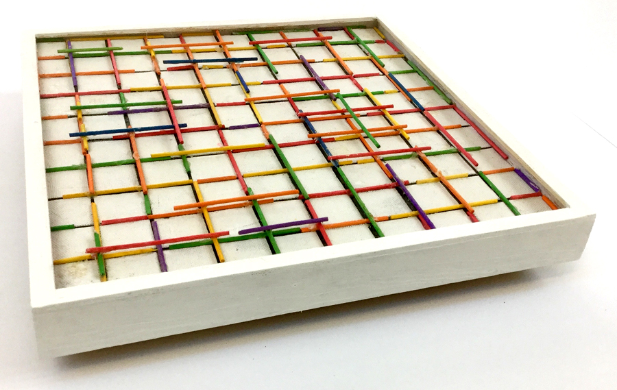 Construction is 11 inches x 11 inches x 1.5 inches in the artist's frame.