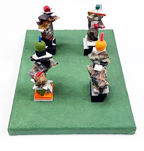 Construction is 4 towers, each about 5 inches high, mounted on 9x12 inch stretched canvas.