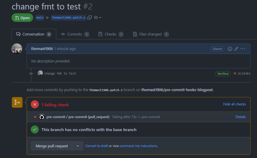 Screenshot showing a pre-commit stage failing in a pull request on GitHub. The image highlights the failure status for the pre-commit check, indicating issues detected by the hook that need to be resolved before the pull request can be merged