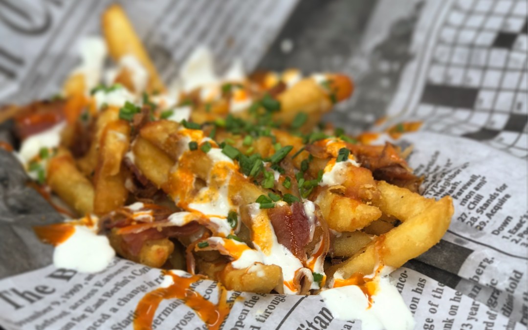 Loaded ultimate crispy fries with blue cheese, bacon and hot sauce. #feedyourcraving #comfortfood #smallbusiness #familybuilt #thompsonbrewingco