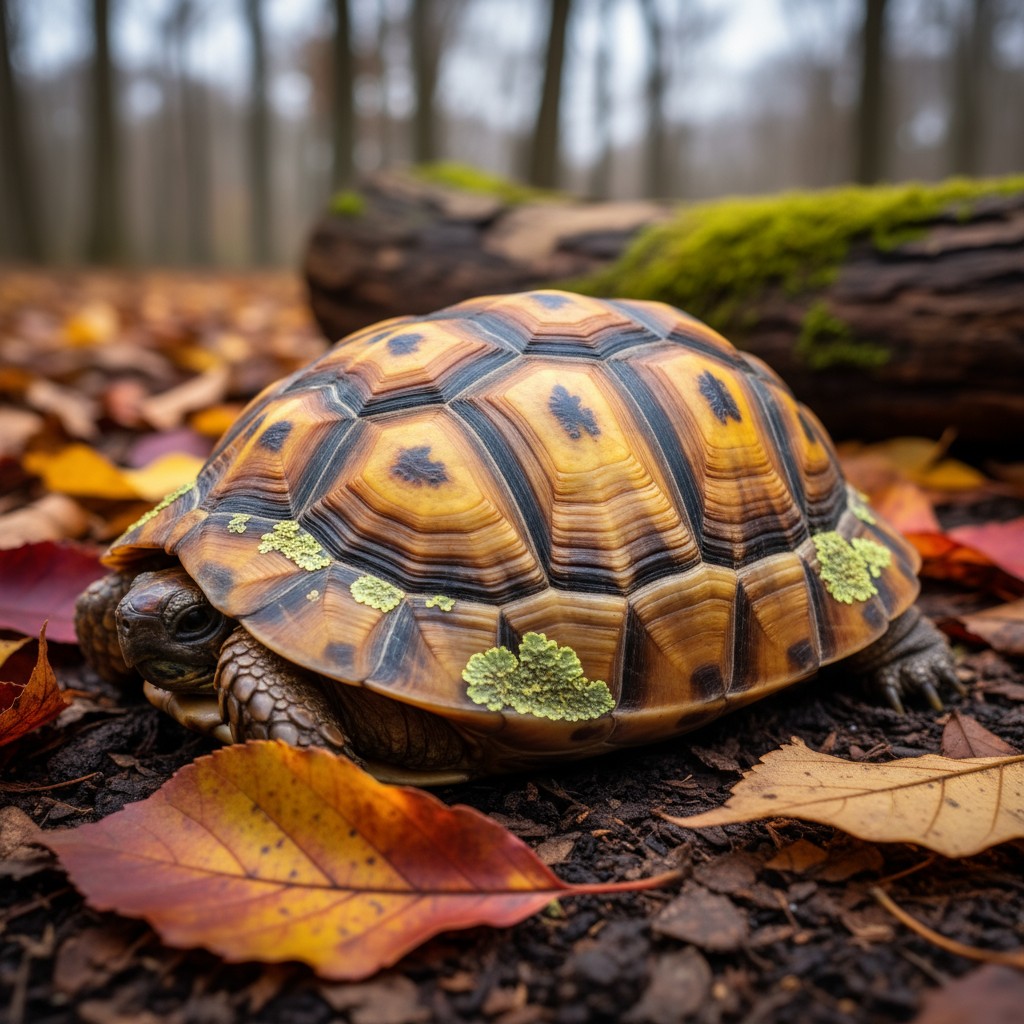A small turtle with brown and yellow shell on a bed of autumn leaves.
