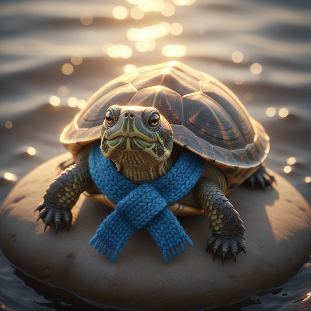 Neural picture of a turtle wearing a blue scarf sitting on a rock.
