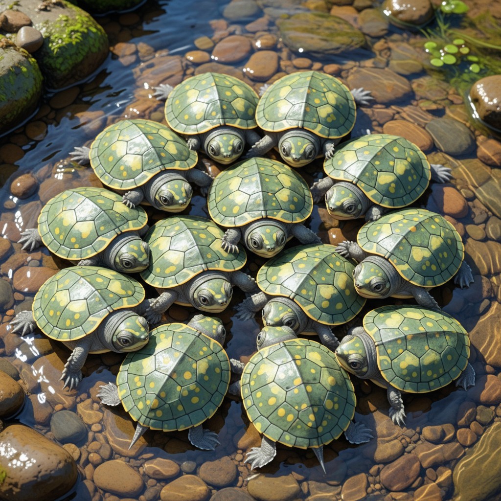 A cluster of baby turtles, covered in green and yellow spotted shells, congregate in shallow turtles by freshwater rocks, ...