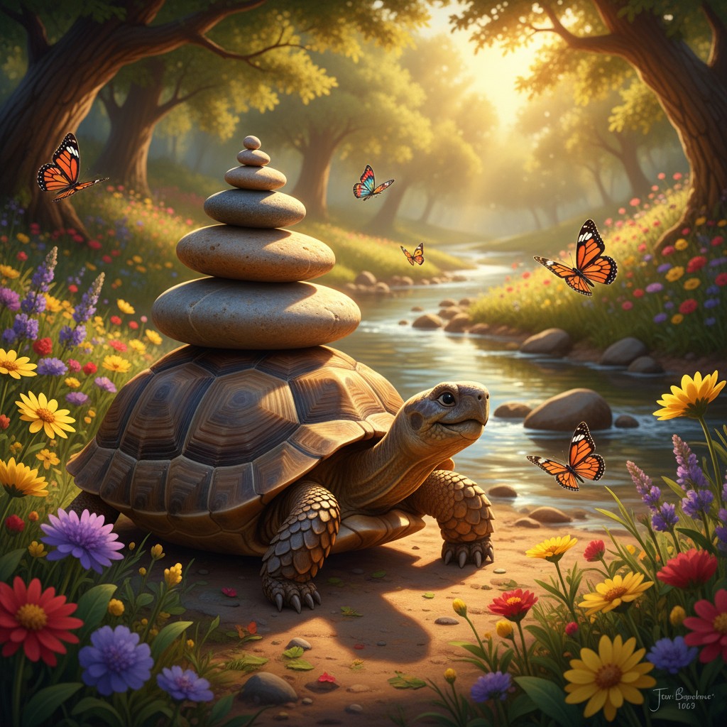 A serene forest scene, featuring a tortoise with stacked stones on its back, surrounded by vibrant flowers and flying butt...