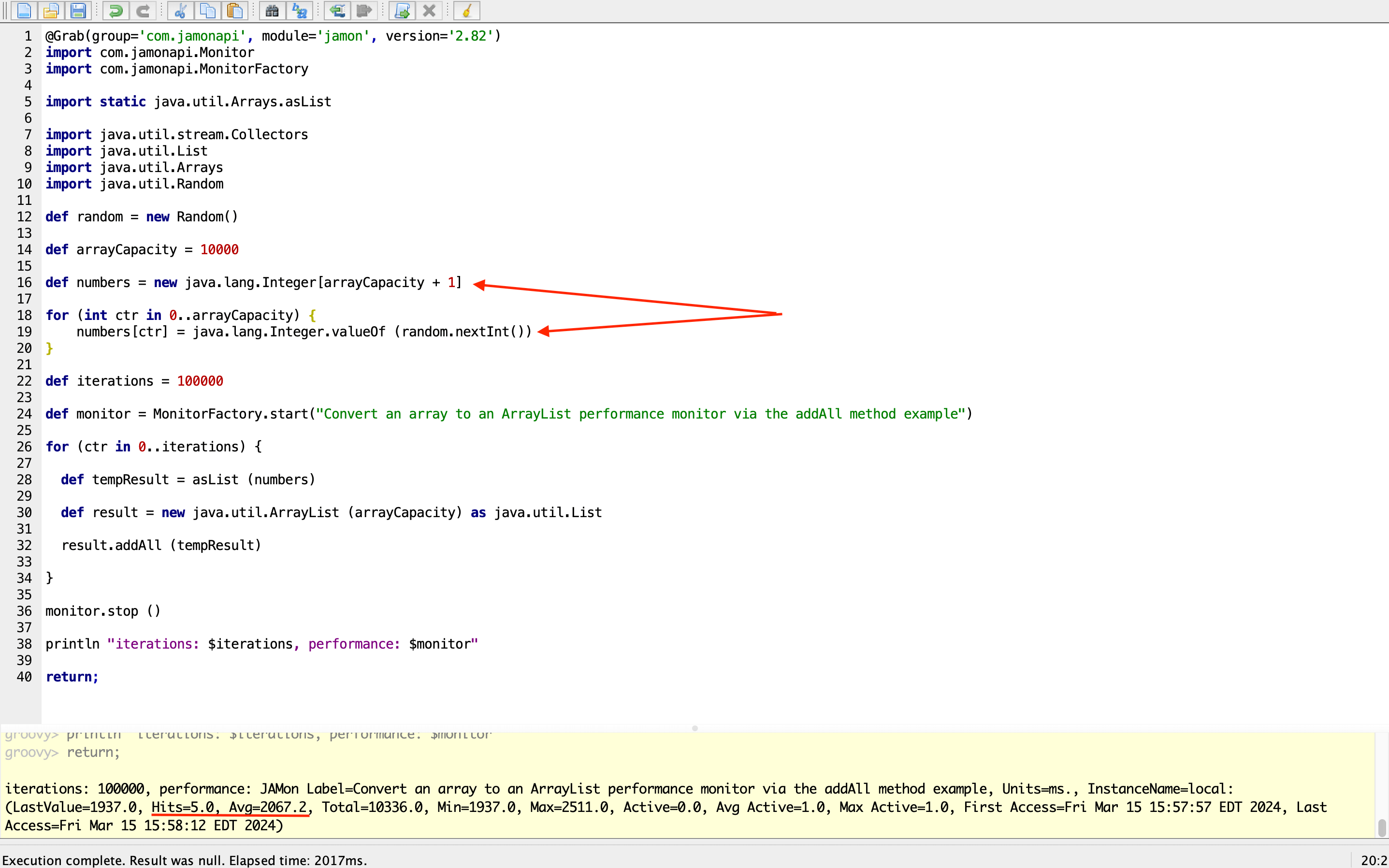 An example, written in Groovy script, with pointers to line 16 and 19 which uses instances of java.lang.Integer instead of a primitive int. Note that no autoboxing will be required when the Google Guava Lists asList method is called on line #28. The performance has been noted at the bottom of the image at 2067.2 milliseconds after running this script five times.