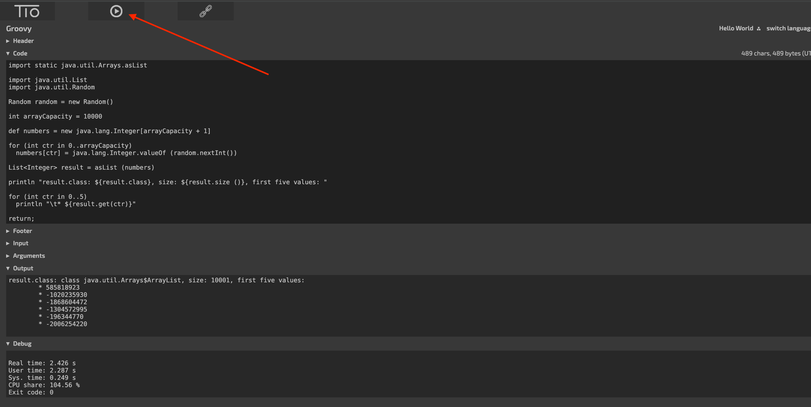 Pointer to the play button to run the Java Arrays asList example script.