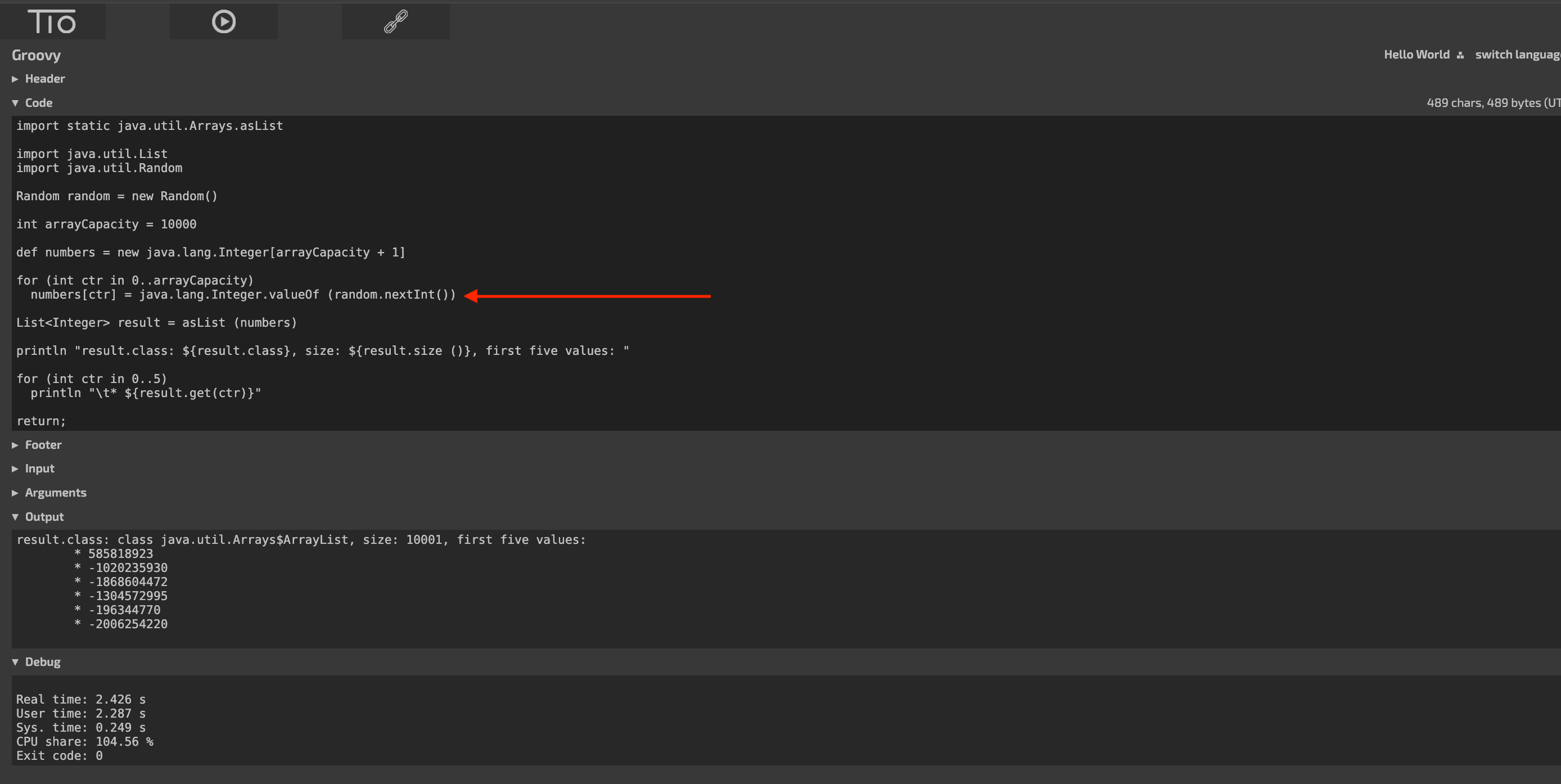 Pointer to the line where we load the numbers array with random java.lang.Integer values.