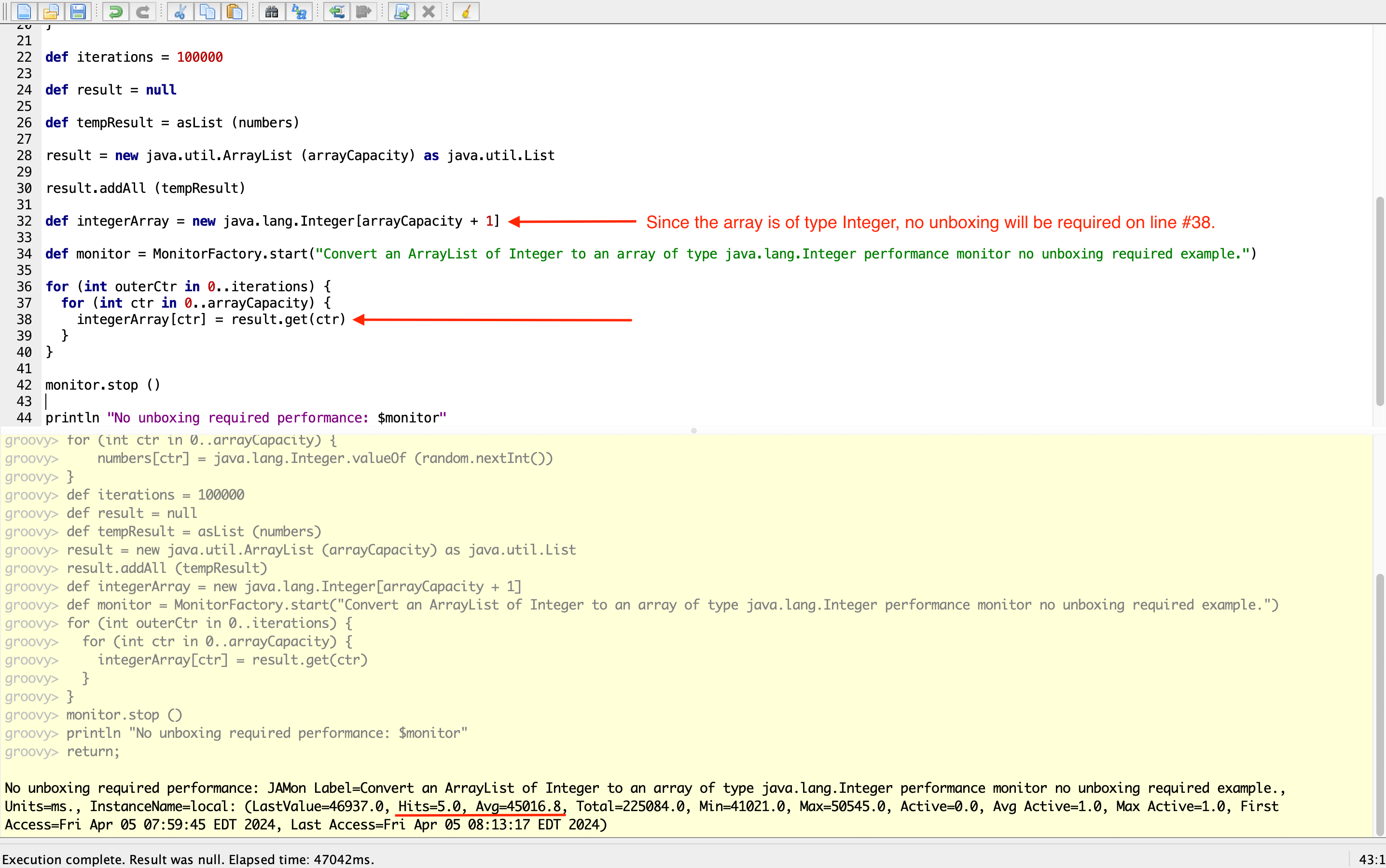 This Java performance example where unboxing is not required was executed five times and shows an average execution time of 45016.8 ms (45.0 seconds) for the block of code between lines 34-42 -- see line #38, specifically.