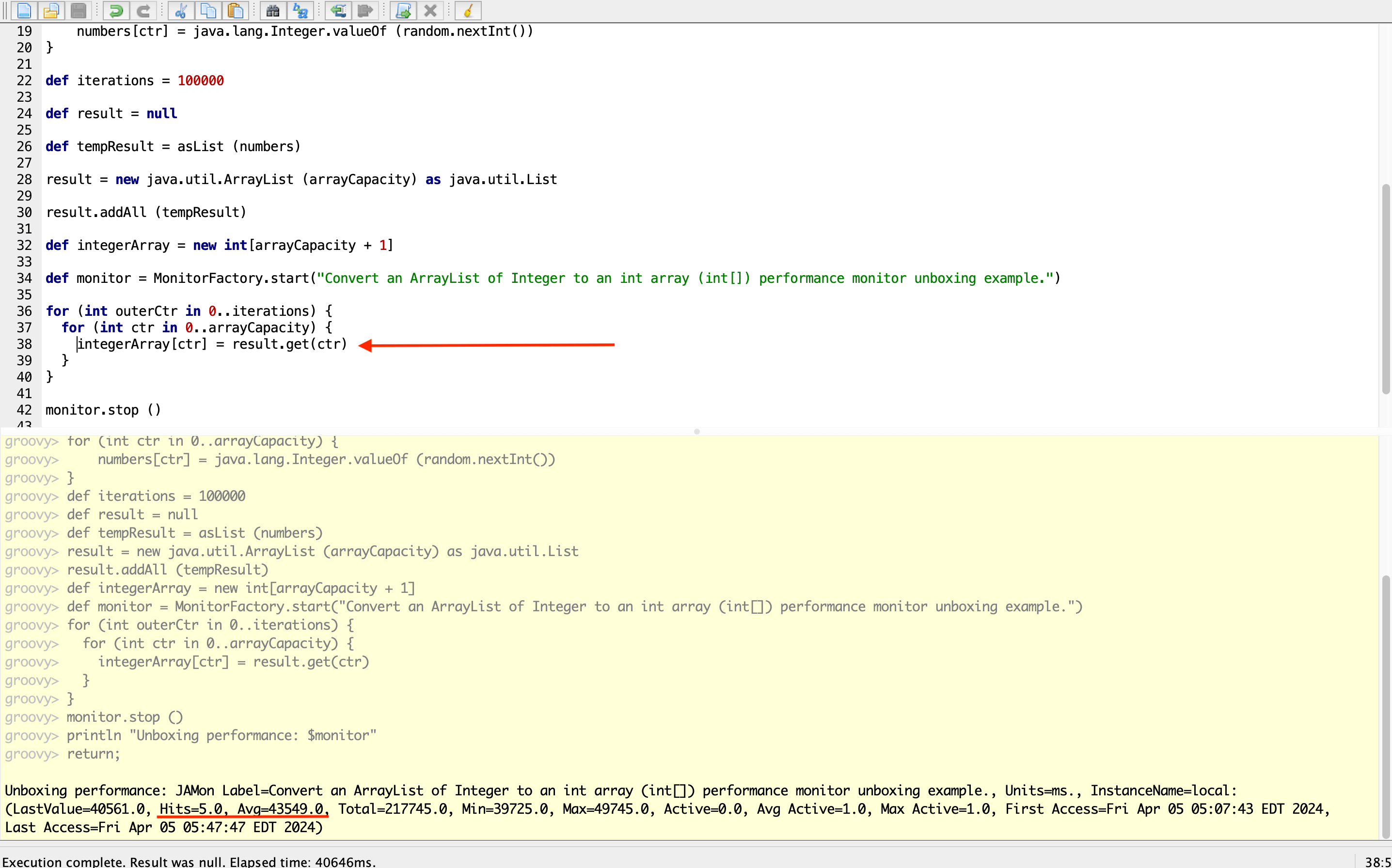 This Java unboxing performance example was executed five times and shows an average execution time of 43549.0 ms (43.5 seconds) for the block of code that includes the unboxing operation (see lines 34-42, and line #38 specifically).